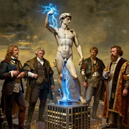 ripped physique bioshock thunder magnate Nikola Tesla atop the skyscraper brandishing a crackling phosphorescent tesla coil Michelangelo Buonarotti winslow homer craig j. spearing thomas eakins greg rutkowski alexandre benois giotto leonardo da vinci