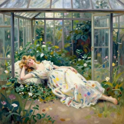 vintage beautiful painting of a beautiful blonde woman lying between 💐 in an overgrown glass house in Mary Cassatt style