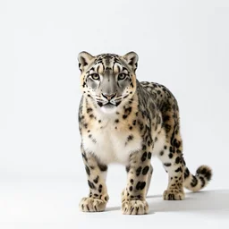 elderly snow leopard, professional studio photo, full body, isolated on a pure white background, centered, entire subject in frame, sharp focus, soft studio lighting