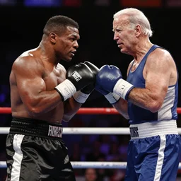 a photorealistic image of Mike Tyson squaring off in a boxing ring against Biden, highly detailed, well focused, artstation