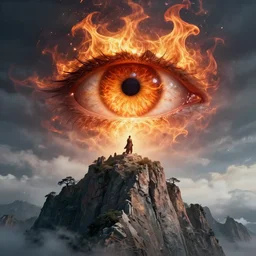 fiery eye watching from the top of mount olympus,hyper reality,concept art,digital art,photorealistic,8k