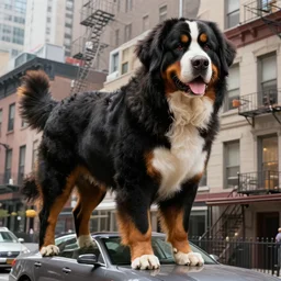 Gigantic enormous Bernese Mountain Dog, taller than a house, stepping on a car in downtown New York City