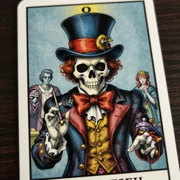 Mad Hatter, Death Tarot card,highly detailed,half skull face,cinematic,8k,by Stanley Artgermm,Tom Bagshaw,Greg Rutkowski,Carne Griffiths, Ayami Kojima, Beksinski, Giger,trending on DeviantArt,hyper detailed,horror, full of colour