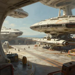 a scifi spaceport with parked spaceships, worn down, very detailed matte painting in the style of greg rutkowski, retrostyle, peaceful, cinematic, realistic lighting,