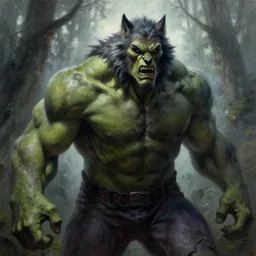 frazetta hulked oversized scary rugged horror wolf werewolf concept art medium close up shot in deep forest, mist, overcast, backlighting, oil painting by frank frazetta by greg rutkowski