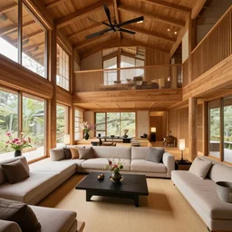 realistic full room view photo of a luxurious wooden cottage, modern furnished japanese living room, japanese flower arrangements, coherent composition, detailed, photorealistic, architecture photography by alvar aalto, telephoto lens, canon rf 8 0 0 mm f / 5. 6 l