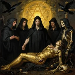 dante's inferno painting, with people in black hooded tunic like in the film eyes wide shut of stanley kubrick, illuminati symbol, crows, skeletons, crosses, dark beauty, rotten gold, perfect faces, extremely detailed.
