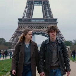 a cinematic extreme close - up of a young couple walking in the park, eiffel tower in the background, misty evening, fantasy art, highly detailed matte painting, telephoto lens 2 0 0 mm, by stanley artgerm lau, greg rutkowski, thomas kinkade, alphonse mucha, loish, norman rockwell, artstation