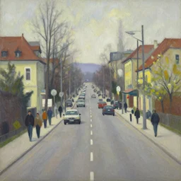 an edward hopper style painting of a busy road of ( ( ( ( ( ( ( ( gyor ) ) ) ) ) ) ) ) in hungary, early - spring, march of 1 9 4 8