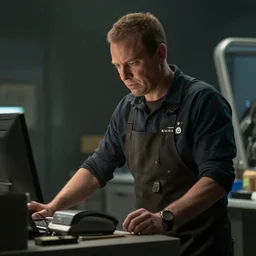 film still of agent smith working as a janitor in the new matrix movie, 4 k