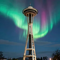 intense vivid aurora blending into large portrait virgin mary above space needle centered big sky film long exposure fuji wide angle national geographic