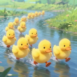 fluffy yellow ducklings racing exhuberantly down the river, a scene from the pixar movie duckling race | highly detailed | cinematic lighting | disney | anime aesthestic | award - winning | matte painting by anton fadeev and paul lehr and marc simonetti and mickael lelievre | pastel color palette | featured on artstation hq