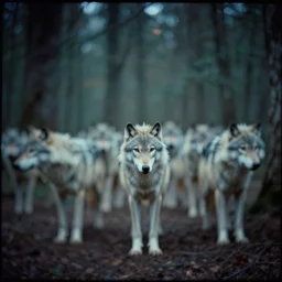 pack of wolves in the wood, artwork by andrei tarkovsky, mystic, melancholy, pinhole analogue photo quality, lomography, blur, unfocus, cinematic, foil effect, holographic effect
