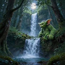 Ethereal Troll forest with waterfall cascading at daylight by Greg Rutkowski and Thomas Kinkade, moonlight, enhanced lighting, hyperrealism, high detail, 8k, artstation