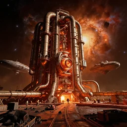 a warm colours, high contrast dark hyperreal deep space dock mining platform with massive piping inspired by nuclear reactor core maschinen krieger mri machine millennium falcon space-station Vuutun Palaa submarine, space-station Vuutun Palaa, ilm, beeple, star citizen halo, mass effect, starship troopers, chris foss, peter elson, elysium, the expanse, iron smelting pits, high tech industrial, dramatic nebula sky, volumetric lighting