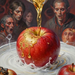 close - up, boiling liquid gold and white water, red apple, poster art, high detail, intricate oil painting, multiple exposure, hell mood, hyperrealism, 3 d, by tooth wu and wlop and beeple and greg rutkowski