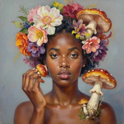 realistic oil on canvas portrait painting of a dark skinned woman with flowers in her hair transforming into mushrooms, ultra realistic, vivid colours, oil painting