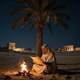 a hooded Druid sitting under a tall palm tree in the Egyptian desert reading ancient scrolls in the light from a small fire at night, sitting on the ground, darkness, dim light from fire, desert, starry sky, an ancient city far in the distance, strong dramatic cinematic lighting, lost civilizations, smooth, sharp focus, extremely detailed