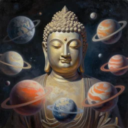 all of the planets revolving around a giant Buddha, beautiful, oil on canvas, intricate, 8k highly professionally detailed, HDR, CGsociety