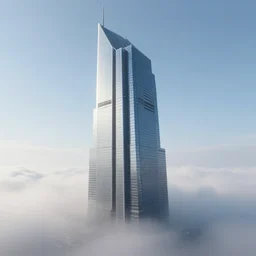 singular!!! cyberpunk skyscraper rising from an opaque carpet of fog in an otherwise clear sunny day. lateral view showing the building from top to bottom. dynamic perspective, smooth, unreal engine, hd sharp focus, crisp lines, surrealism, concept art by dom qwek, trending on cg society, neofuturism, futuristic, volumetric lighting, aesthetic. digital matte painting
