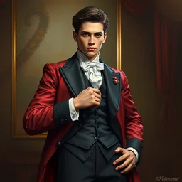 an intricate artistic pose painting of a beautiful young victorian gentleman with an artistic pose wearing a beautiful victorian suit, hyper detailed, octane render, vivid colors, artstation, by jeremy mann, alphonse mucha, by boris vallejo