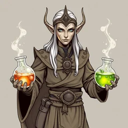 a high elf alchemist who is holding 2 bubbling potions in the style of warhammer fantasy : : head and torso drawing
