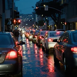 cars waiting for traffic light in san francisco at night, taillights, puddles, reflections, wet street, ling on the road. pedestrians, cinematic, filmic, shot on 7 0 mm, telephoto