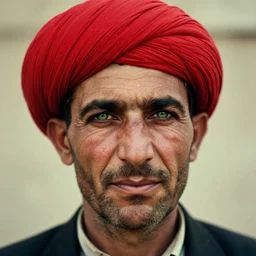 portrait of woodrow wilson as afghan man, green eyes and red turban looking intently, photograph by steve mccurry