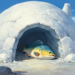 a scene of a fish sleeping in the entrance of an igloo, digital painting, masterpiece, work of art, extreme detail, beautiful, cute, gorgeous, wonderfully brilliant, rule of thirds, excellent composition, by Greg Rutkowski, Thomas Kinkade, SEGA, CAPCOM, SNK, Studio Trigger, Studio Ghibli
