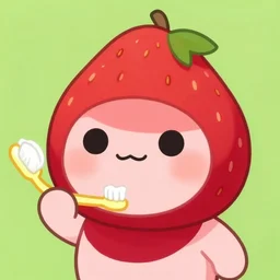 a very cute, adorable strawberry character with only two front teeth, holding a yellow toothbrush, in the style of hiroshi nagai