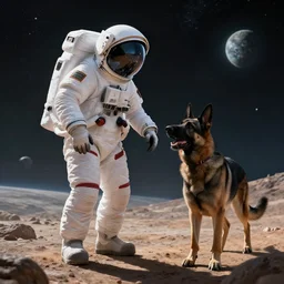 Astronaut explores surface of alien planet with german shepard wearing a space helmet, digital concept art, cinematic lighting