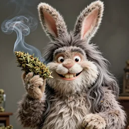 hyper realistic, portrait of a derpy big chungus, with bunny ears, very fuzzy, furry, dr. seuss, long hair, smoking massive amounts of weed, big smile, buck teeth,, soft lighting, by greg rutkowski, scott m fischer, artgerm, loish, slight glow, atmospheric, anne stokes, alexandros pyromallis, 4 k, 8 k