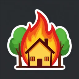 vector logo of a burning house in front of a two trees.