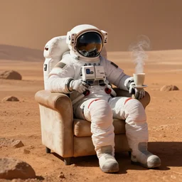 astronaut sitting in armchair with cup of coffee with steam, terraformed mars, wide shot, digital painting, intricate details, trending on artstation, concept art, octane render, realistic, highly detailed, smooth, sharp focus, beautiful, 4 k, 8 k, hd, art by charlie bowater and artgerm and greg rutkowski