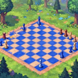 a whimsical chessboard themed landscape covered with a indigo and peach checkered pattern, at midday, from a fantasy point and click 2 d graphic adventure game, art inspired by thomas kinkade, king's quest, sierra entertainment games