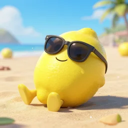 a pixar lemon relaxing on a beach wearing sunglasses, 100mm, 4k