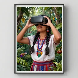 an indigenous ecuadorian huaorani young woman enjoying with a vr headset in the jungle, poster art by daniele caruso, benediktus budi, jason edmiston, vc johnson, powell peralta, volumetric light, foggy ambience
