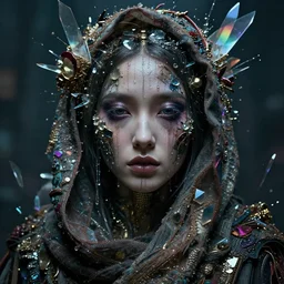 detailed face of a woman clothed wrapped in textiles, lush, opulent, shards, utopian, tech noir, wet reflections, prism, atmospheric, ambient, pj crook, syd mead, livia prima, artgerm, greg rutkowski, nick alm, casey baugh