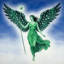 navajo green distorted by arturo souto, by kees scherer. a conceptual art of a woman with wings made of stars, surrounded by a blue & white night sky. the woman is holding a staff in one hand, & a star in the other. she is wearing a billowing dress, & her hair is blowing in the wind.