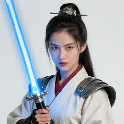 head and shoulders portrait of a female knight, jedi, robes, blue lightsaber, beautiful japanese samurai, star wars, by artgerm, face detail, extremely detailed, digital manga