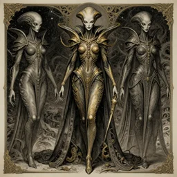 concept art, full body pose of a beautiful alien woman in a galaxy : : 0. 5 drawn by q hayashida, albrecht durer and h. r. giger, insanely detailed and intrincate, goldan ratio, hypermaximilist, elegant, ornate, luxury, elite, space horror, creepy, omnious, haunting, matte painting, cinematic, cgsociety