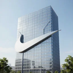an office building shaped as nike logo, hyper realistic, octane render