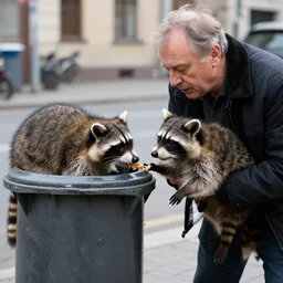 slavoj zizek battling with a racoon for food in a trash container in the street