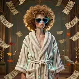 portrait, anthropomorphic 🤡, striped bathrobe, curly hair, electric sunglasses, surrounded by floating autumn dollar bills, fantasy, detailed, intricate, luminescent, elegant, coherent, by mandy jurgens, hannah yata and kay sage, donato giancola, detailed, artstation, cinematic lighting, artdeco, art deco outrun aesthetic