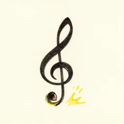 minimal single line drawing of an acorn growing into a tree in shape of treble clef, splash of color, vintage illustration