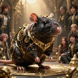 highly detailed champion rat in black gold intricate and ornate armor, unreal engine, fantasy art by ruan jia, greg rutkowski, loish, rhads, makoto shinkai and lois van baarle, ilya kuvshinov, rossdraws global illumination, radiant light, detailed and intricate environment