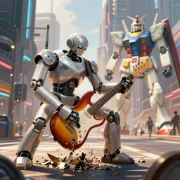 a cell animation of a robot shredding a guitar solo, futuristic city street, macross, gundam, artwork by greg hildebrandt