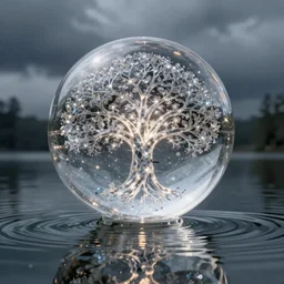 transparent horizontally centered crystal sphere floating over a serene lake, tree of life inside the ball, intricate details, radiant light, reflections on the water, ripples, moody sky, hyperdetailed illustration by yuumei, by mark brooks, john harris, artstation, low global light, coherent composition