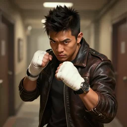 a highly detailed illustration of short spiky haired filipino man wearing leather jacket with bandaged right hand, wearing watch on left arm, focused boxing stance pose, crudely lit hallway background, intricate, elegant, highly detailed, centered, digital painting, artstation, concept art, smooth, sharp focus, league of legends concept art, WLOP