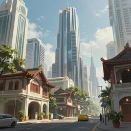Futuristic Neo-Manila street scene with native Filipino architecture and tall skyscrapers, digital painting, concept art by Shaddy Safadi